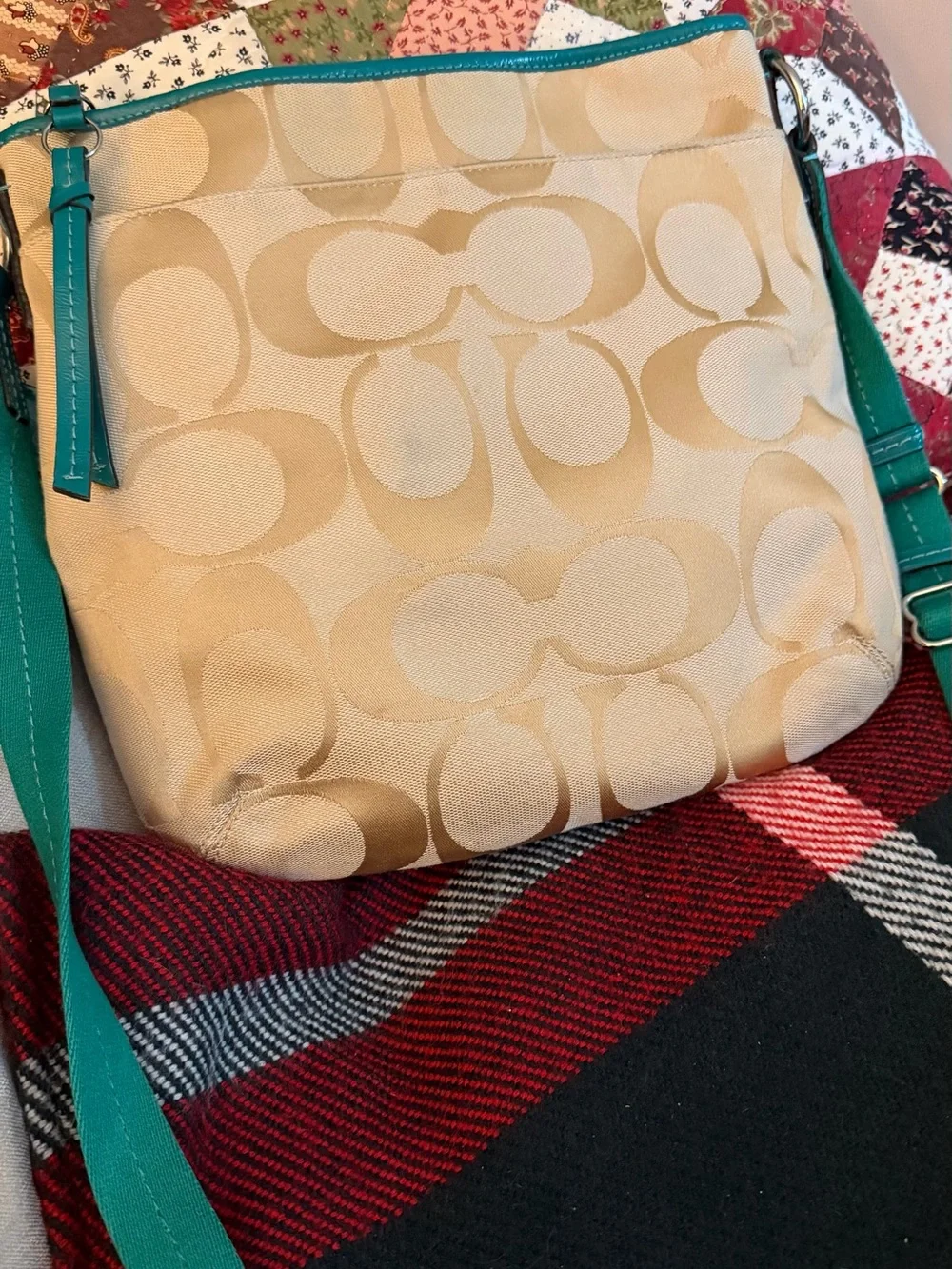 Coach Signature Crossbody Bag in Teal and Tan